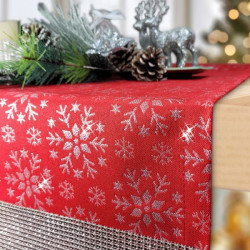 Vianočný behúň na stôl červený so striebornými vločkami a zirkónmi Červená 40x200 cm #1