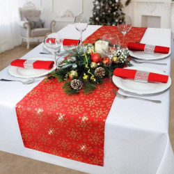 Vianočný behúň na stôl červený so zlatými snehovými vločkami Červená 40x140 cm