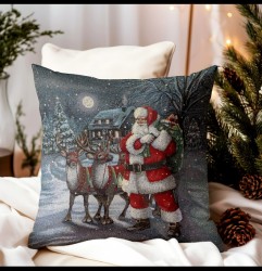 Vianočná gobelínová obliečka na vankúš s lurexom – Santa Claus s jeleňmi Viacfarebná 42x42 cm