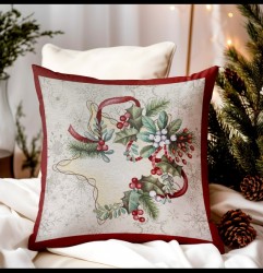 Vianočná gobelínová obliečka na vankúš – Zimná dekorácia s cesmínou a stuhou Viacfarebná 42x42 cm