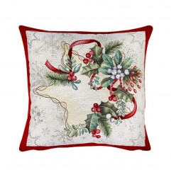 Vianočná gobelínová obliečka na vankúš – Zimná dekorácia s cesmínou a stuhou Viacfarebná 42x42 cm #1