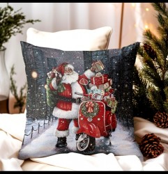 Vianočná gobelínová obliečka na vankúš – Santa Claus na skútri s darčekmi Viacfarebná 42x42 cm