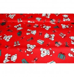 Mondo Italia Vianočná bavlnená dekoračná látka medvedíky, darčeky a cukríky na červenom podklade Červená Šírka 140 cm
