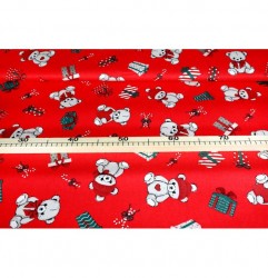Mondo Italia Vianočná bavlnená dekoračná látka medvedíky, darčeky a cukríky na červenom podklade Červená Šírka 140 cm #1