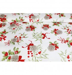 Mondo Italia Vianočná bavlnená dekoračná látka šišky, cezmína a červené mašle na bielom podklade Viacfarebná Šírka 140 cm