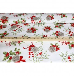 Mondo Italia Vianočná bavlnená dekoračná látka šišky, cezmína a červené mašle na bielom podklade Viacfarebná Šírka 140 cm #1