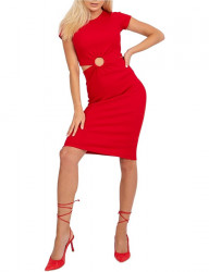 červené rebrované šaty s krátkym rukávom W5673