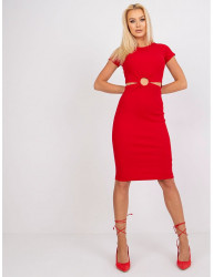 červené rebrované šaty s krátkym rukávom W5673 #3