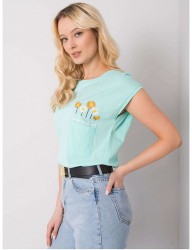 Mintovou tričko s výšivkou kvetín a vreckom Y5304 #3
