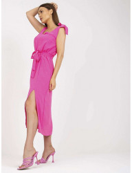 Neónovo ružové letné midi šaty s viazaním W6086 #2