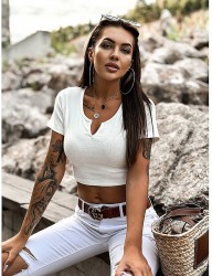 Smotanový rebrovaný bavlnený crop top B1054 #3