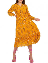 Tmavo žlté kvetinové midi šaty s dlhými rukávmi W4448