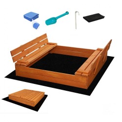 Detské drevené uzatvárateľné pieskovisko s lavičkami a strieškou Baby Mix 120x120 cm sivé #3