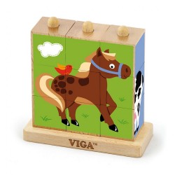 Drevené puzzle kocky na stojane Viga Farma multicolor