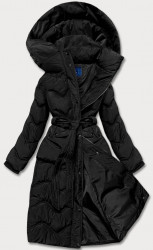 Dlhá dámska bunda s opaskom AG2-J81, čierna