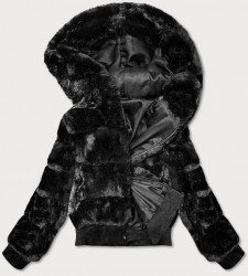 Krátka kožušinová bunda s kapucňou BR9748, čierna