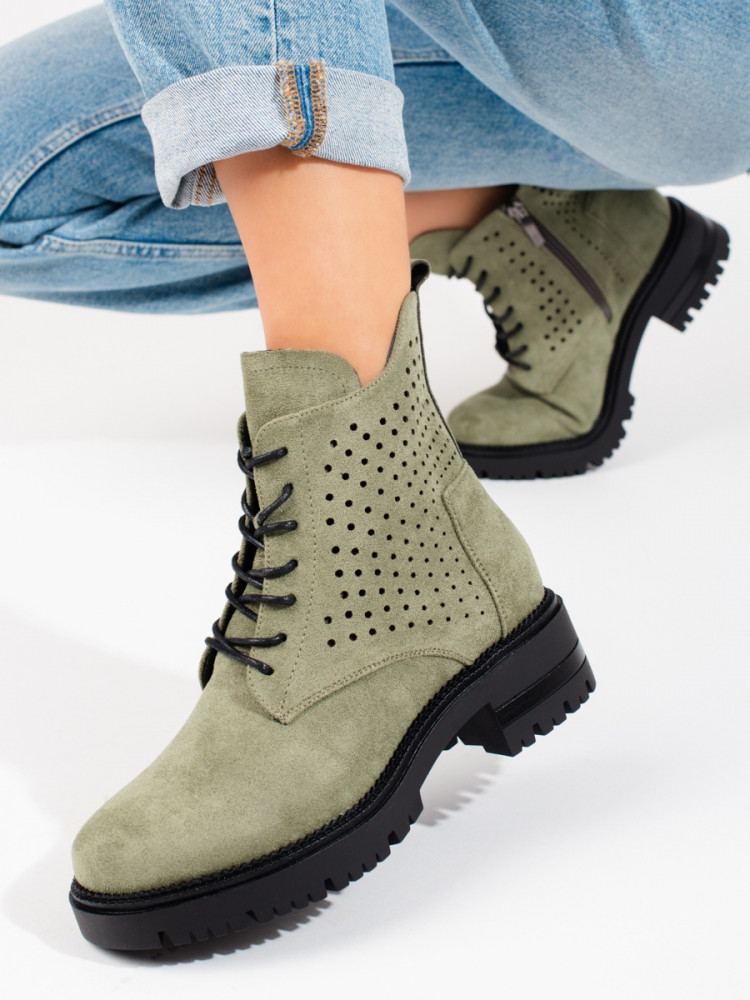 Moderné dámske  členkové topánky zelené na plochom podpätku