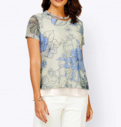 Dvojvrstvové sieťované tričko s potlačou Création L, smotanovo-modré