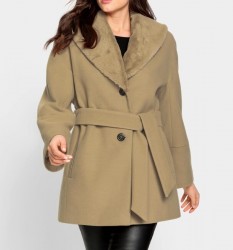 Flaušový kabát s golierom z umelej kožušiny HEINE, ťavia farba