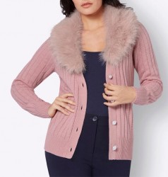 Kardigán s golierom z umelej kožušiny Création L, staroružová #3