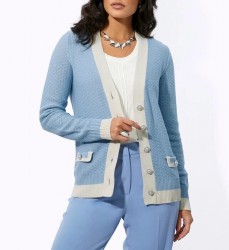 Kardigán s ozdobným perleťovým zapínaním na gombíky Création L, modro-krémová #2