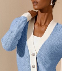 Kardigán s ozdobným perleťovým zapínaním na gombíky Création L, modro-krémová #4