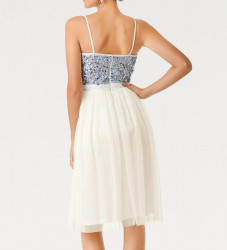 Koktejlové šaty s tylovou sukňou, krémovo bielo-strieborné #3