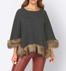 Pletené pončo s umelou kožušinou Ashley Brooke, šedé #2