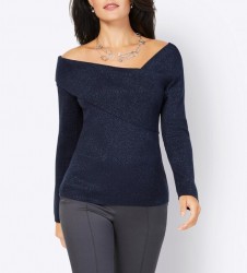 Pulóver s lesklou priadzou a výstrihom Création L, námornícka modrá #2