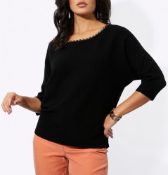 Pulóver s netopierím rukávom a ozdobnými korálkami Création L, čierny #2