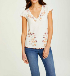 Rebrované tričko s kvetinovou potlačou Linea Tesini, krémové #1