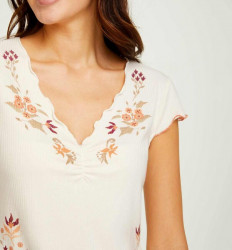 Rebrované tričko s kvetinovou potlačou Linea Tesini, krémové #4