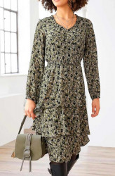 Volánové šaty s potlačou Linea Tesini, khaki-farebné